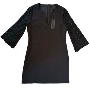 (NWT) BCBGMaxAzria "Brigitte" Black Long Bell Lace Sleeve Shift Dress - Size: 2